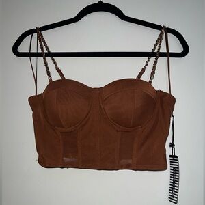 Haute Monde Brown Bustier Crop Top with Chain Straps